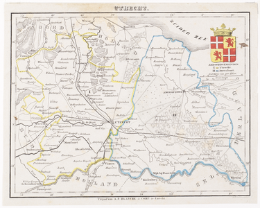 203136 Kaart van de provincie Utrecht, met indeling van de arrondissementen. Met provinciewapen.